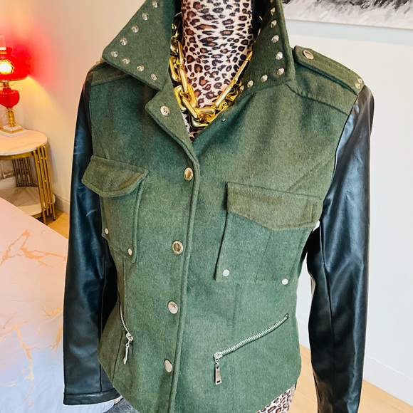 Spiked Military Green Jacket - Picture 2 of 10